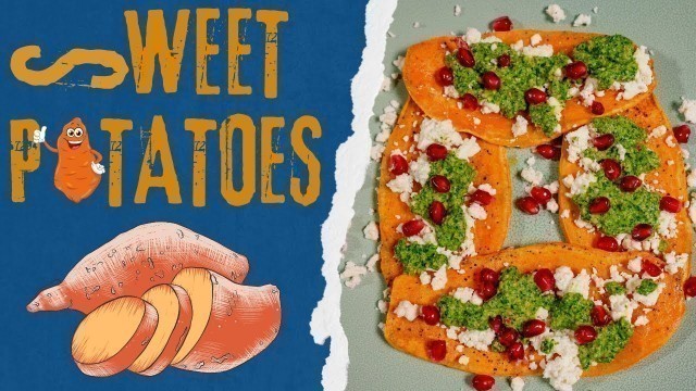 'Roasted sweet potatoes with arugula pesto | Baked sweet potatoes with feta pesto and pomegranate 