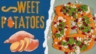 'Roasted sweet potatoes with arugula pesto | Baked sweet potatoes with feta pesto and pomegranate 